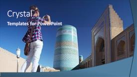  Presentation with uzbekistan - PPT theme consisting of madrasah - young lady taking a picture background and a ocean colored foreground