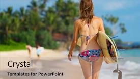  Presentation with lady - Slide deck with young lady walking with surf background and a coral colored foreground