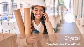  Presentation with architect - Cool new PPT theme with young-latin-architect-girl-holding backdrop and a coral colored foreground