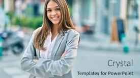  Presentation with city - Presentation consisting of young-latin-businesswoman-with-crossed background and a light blue colored foreground