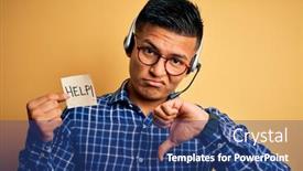  Presentation with overworked - Cool new slide deck with young-latin-call-center-agent backdrop and a ocean colored foreground