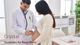  Presentation with baby doctor - PPT theme enhanced with young-latin-couple-doctor background and a soft green colored foreground