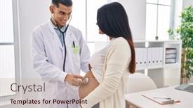  Presentation with baby doctor - Presentation design having young-latin-couple-doctor background and a soft green colored foreground