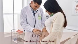  Presentation with baby doctor - Presentation design with young-latin-couple-doctor background and a soft green colored foreground