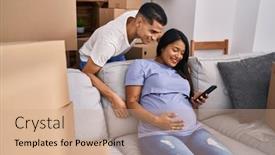  Presentation with new baby - Presentation theme featuring young-latin-couple-expecting-baby background and a coral colored foreground