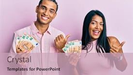  Presentation with happy young student girl holding - Beautiful PPT theme featuring young-latin-couple-holding-50 backdrop and a soft green colored foreground