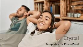  Presentation with head - Presentation theme consisting of young-latin-couple-resting background and a mint green colored foreground