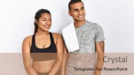  Presentation with sportswear - Presentation theme featuring young-latin-couple-wearing-sportswear background and a coral colored foreground