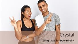  Presentation with young happy couple - Presentation theme with young-latin-couple-wearing-sportswear background and a  colored foreground
