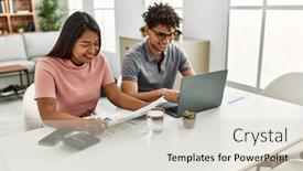  Presentation with working - Presentation theme having young-latin-couple-working-using background and a lemonade colored foreground