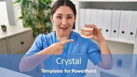  Presentation with denture - Theme enhanced with young-latin-dentist-woman-holding background and a teal colored foreground