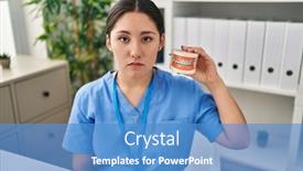  Presentation with denture - Presentation design having young-latin-dentist-woman-holding background and a teal colored foreground