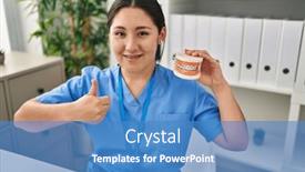  Presentation with denture - Slides featuring young-latin-dentist-woman-holding background and a teal colored foreground