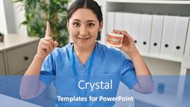  Presentation with denture - Presentation design featuring young-latin-dentist-woman-holding background and a teal colored foreground
