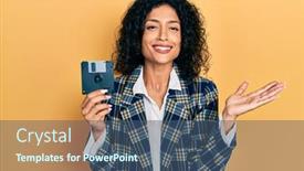  Presentation with hands holding - PPT theme featuring young-latin-girl-holding-floppy background and a ocean colored foreground