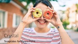  Presentation with donuts - PPT theme enhanced with young-latin-girl-smiling-happy background and a coral colored foreground
