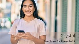  Presentation with city - Slides featuring young-latin-girl-smiling-happy background and a coral colored foreground