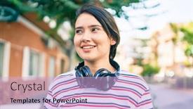  Presentation with latin music - Beautiful slide deck featuring young-latin-girl-smiling-happy backdrop and a lavender colored foreground