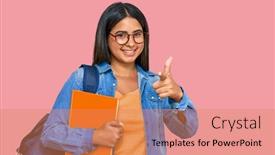  Presentation with happy young student girl holding - Cool new PPT layouts with young-latin-girl-wearing-student backdrop and a coral colored foreground