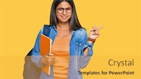  Presentation with forefinger - Beautiful PPT theme featuring young-latin-girl-wearing-student backdrop and a yellow colored foreground