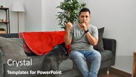  Presentation with dog - PPT theme consisting of young-latin-man-and-dog background and a dark gray colored foreground