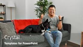  Presentation with dog - PPT layouts having young-latin-man-and-dog background and a dark gray colored foreground