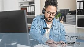  Presentation with taking notes - PPT theme having young-latin-man-business-worker background and a  colored foreground