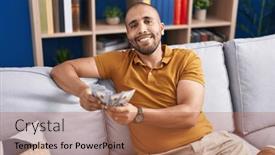  Presentation with counting - Presentation theme having young-latin-man-counting-dollars background and a red colored foreground