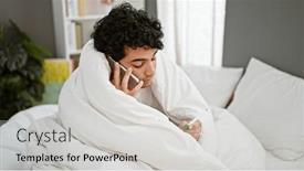  Presentation with smartphone - Presentation theme featuring young-latin-man-covering and a light gray colored foreground