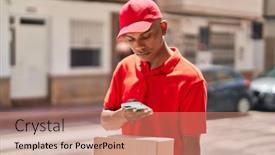  Presentation with scanning - PPT theme consisting of young-latin-man-delivery-worker background and a coral colored foreground