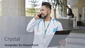  Presentation with report - Presentation design with young-latin-man-doctor-talking background and a light gray colored foreground