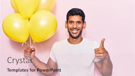  Presentation with balloons - PPT theme enhanced with young-latin-man-holding-balloons background and a lemonade colored foreground