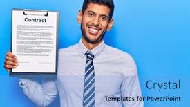  Presentation with contract - Amazing PPT layouts having young-latin-man-holding-clipboard backdrop and a light blue colored foreground