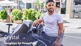  Presentation with motorbike - Presentation theme consisting of young-latin-man-holding-helmet background and a ocean colored foreground