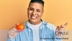  Presentation with finger - Audience pleasing slide deck consisting of young-latin-man-holding-tangerine backdrop and a light blue colored foreground