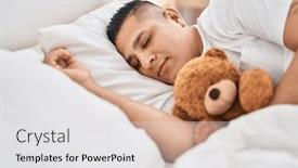  Presentation with teddy bear - PPT layouts consisting of young-latin-man-hugging-teddy background and a white colored foreground