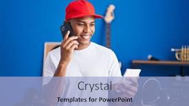  Presentation with latin music - Presentation theme enhanced with young-latin-man-musician-talking background and a light blue colored foreground