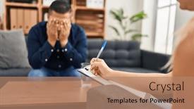  Presentation with psychology - Slide set having young-latin-man-patient-stressed background and a coral colored foreground