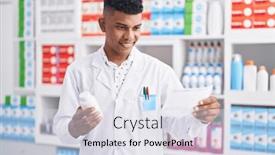  Presentation with prescription - PPT theme consisting of young-latin-man-pharmacist-holding background and a sky blue colored foreground