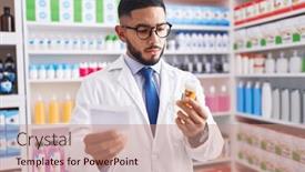  Presentation with prescription - Presentation theme with young-latin-man-pharmacist-holding background and a coral colored foreground