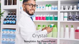  Presentation with toothpaste - Presentation theme consisting of young-latin-man-pharmacist-holding background and a sky blue colored foreground