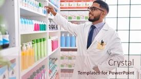  Presentation with product - PPT theme having young-latin-man-pharmacist-smiling background and a soft green colored foreground