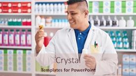  Presentation with pharmacy - Slide set with young-latin-man-pharmacist-smiling background and a soft green colored foreground