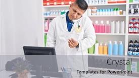 Presentation with prescription - Slide set with young-latin-man-pharmacist-talking background and a light gray colored foreground