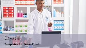  Presentation with man holding phone - PPT theme with young-latin-man-pharmacist-using background and a  colored foreground