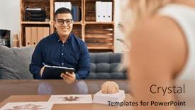  Presentation with writing - PPT layouts with young-latin-man-psychologist-writing background and a coral colored foreground