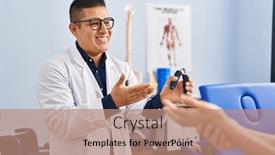  Presentation with rehab clinic - PPT theme consisting of young-latin-man-pysiotherapist-explaining background and a  colored foreground