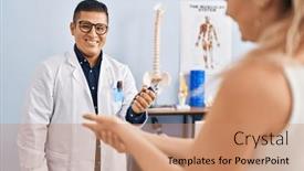  Presentation with rehab clinic - PPT theme featuring young-latin-man-pysiotherapist-explaining background and a  colored foreground