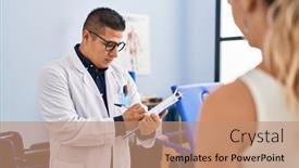  Presentation with rehab clinic - PPT theme having young-latin-man-pysiotherapist-writing background and a coral colored foreground