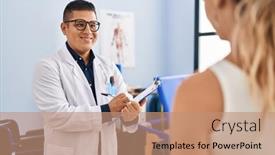  Presentation with rehab - PPT layouts consisting of young-latin-man-pysiotherapist-writing background and a coral colored foreground